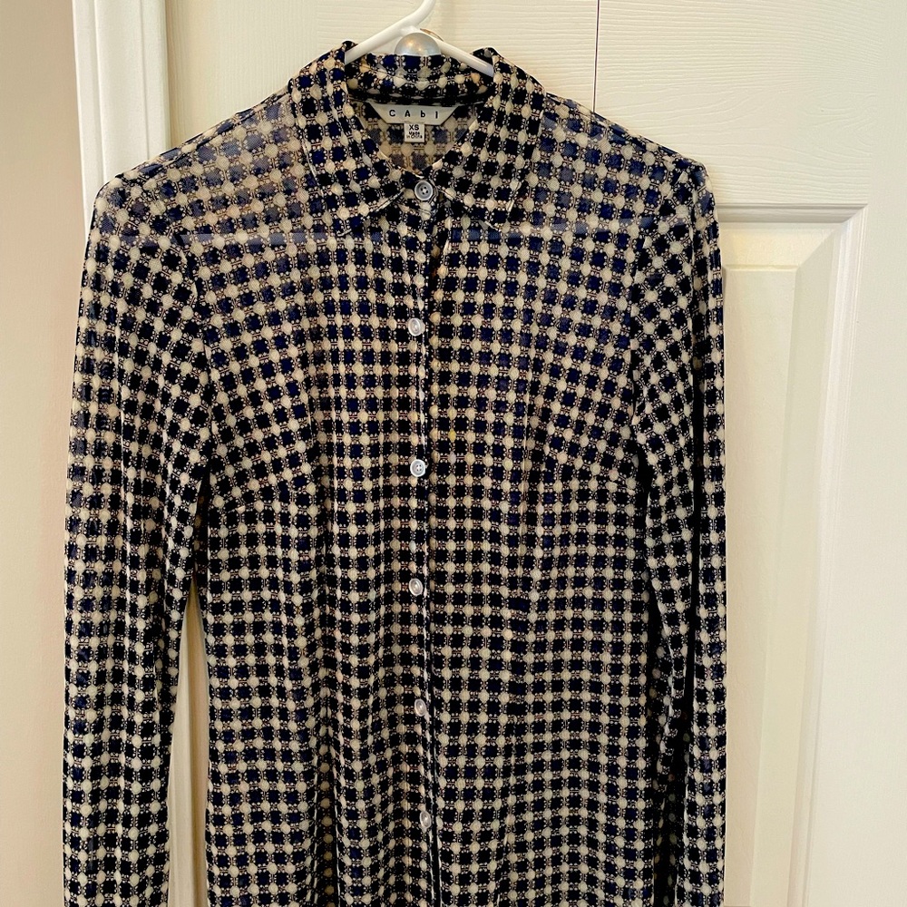 CAbi long sleeved blouse - size XS - navy and cream pattern